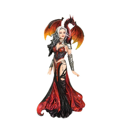 A sorceress in red and black stands, her hair white ombre to black. On her shoulder is a fiery dragon in shades of crimson and orange