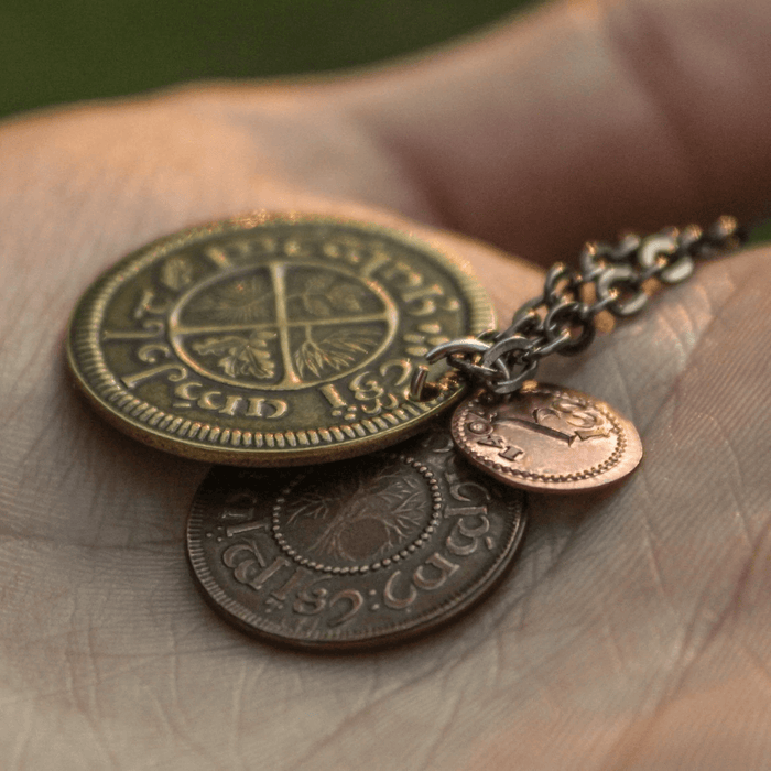 Lord of the Rings Hobbit themed necklace with three layered metal coins
