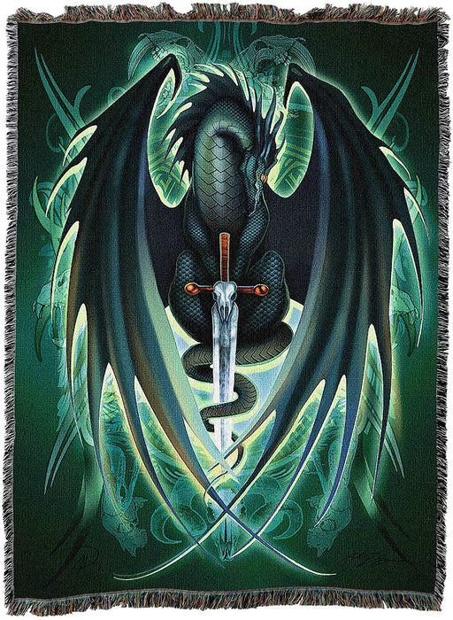 Black dragon holds a skull sword. Ghostly forms glow green. Tapestry Blankket