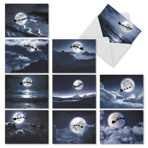 Set of 10 different Christmas cards showing the silhouette of Santa's sleigh pulled by reindeer, flying across full moons with clouds, ocean, and stars.