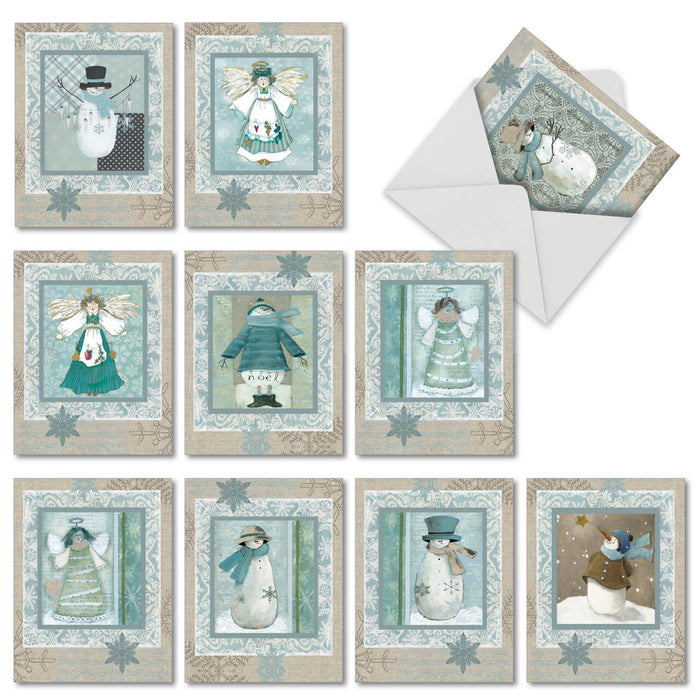 Snow Angels set of mini notecards with a Christmas theme. Snowmen and angels in shades of blue and white decorate each of the 10 cards