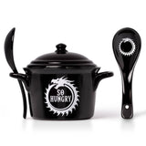 Soup bowl with spoon set - black with "So Hungry" ouroboros dragon