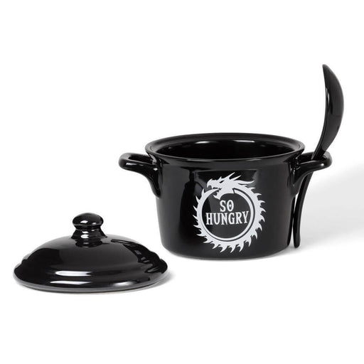 Soup bowl with spoon set - black with "So Hungry" ouroboros dragon