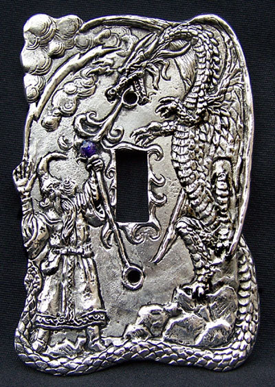 wizard battling dragon single light switch plate made of pewter with gem inset