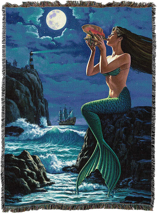 Mermaid with a shell under a full moon tapestry blanket