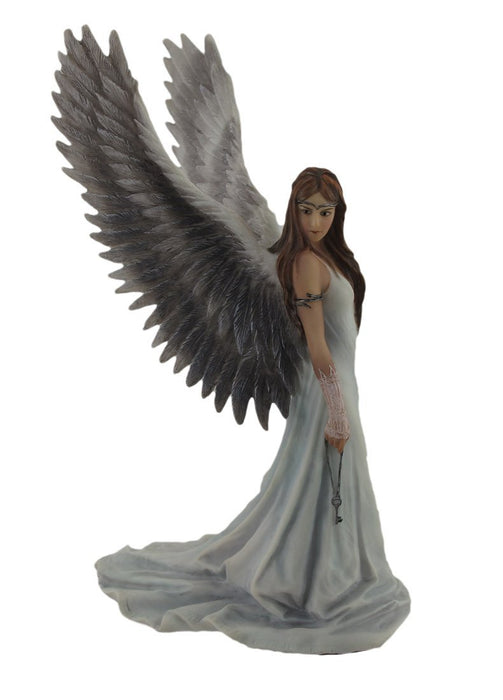 Angel in white with feathered wings, holding a key