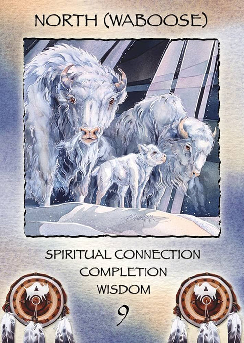 Card example "North (Waboose) - Spiritual Connection, Completion, Wisdom. 9" With art of bison family
