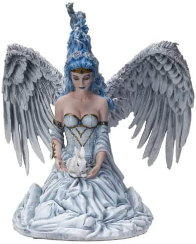 Figurine based on the artwork of Nene Thomas. Feather winged angel fairy sits in a white dress with a white snow rabbit on her lap. Her hair is an icy updo of blue.