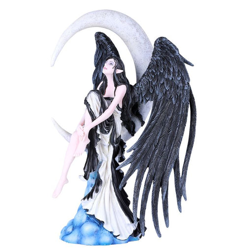 Angel fairy sitting on a crescent moon. She has black feathered wings and her dress is ebony and white, clouds sit below her
