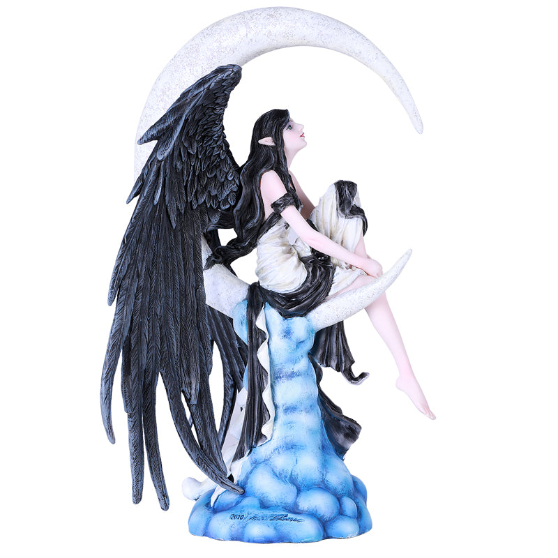 Angel fairy sitting on a crescent moon. She has black feathered wings and her dress is ebony and white, clouds sit below her