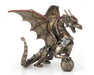 Steampunk dragon in shades of gold and bronze, with one claw on an ornate patterned sphere