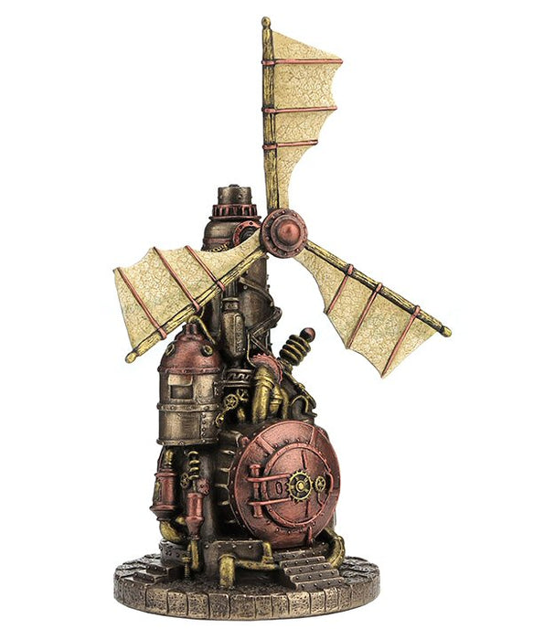 Steampunk windmill figurine in bronze, gold, gunmetal colors with tan windmill sails