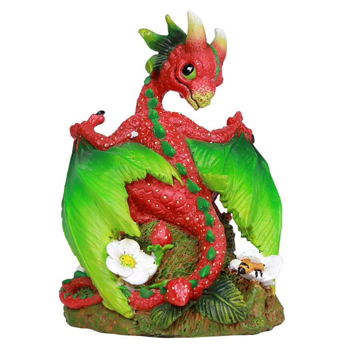 A red dragon with green accents mimicking a strawberry stands amidst white flowers with a bee friend