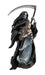 Figurine with a Grim Reaper skeelton with black cloak and scythe. In front of him is a sorceress maiden in a blue-gray dress holding an hourglass. Side view