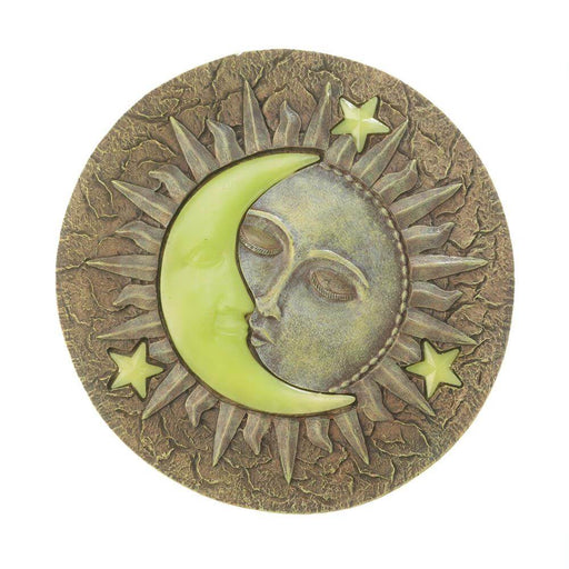 Celestial stepping stone with sun and moon and stars. The moon and stars are yellow and glow in the dark