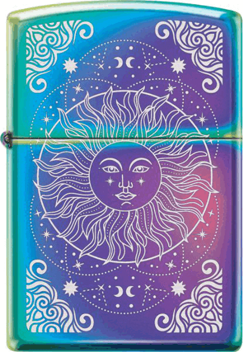 The iridescent metal of the Zippo lighter shines with the colors of the rainbow, and overlaid is a white design of a smiling sun. Stars and constellations surround it. 