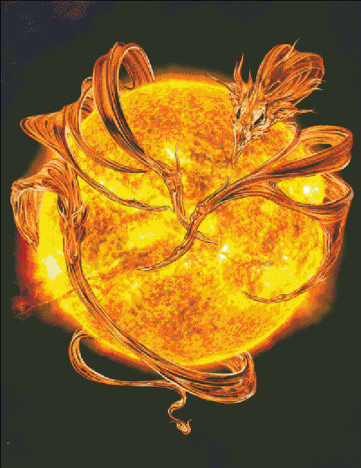 Orange dragon curls around the blazing sun. Cross stitch mockup