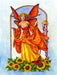 Fairy art by Jane Starr Weils. The fiery pixie is done in shades of yellow and orange with butterfly wings. She stands amidst sunflower blossoms with a red butterfly. She holds a staff with pink ribbons and a sun design topping it.