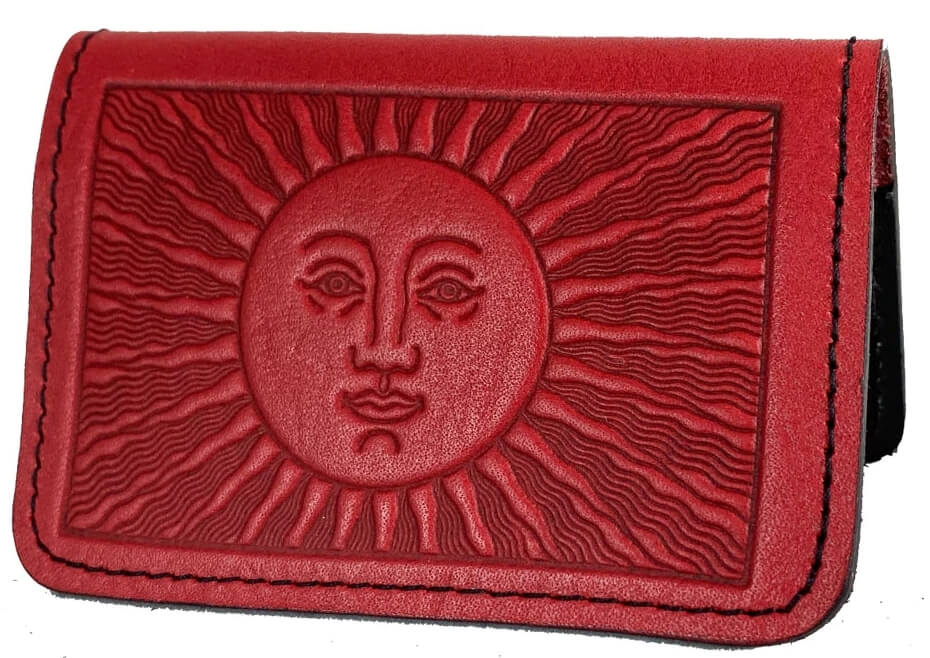 Red leather smiling sun card holder