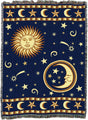 Sun & Moon tapestry in golds and blue, with stars and celestial designs