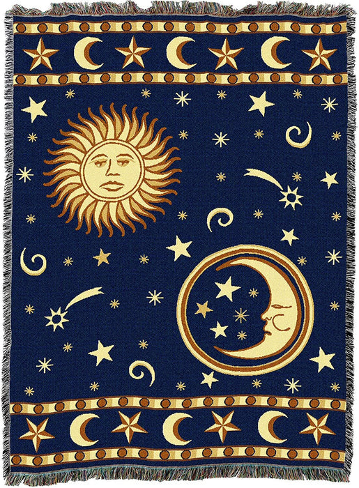 Sun & Moon tapestry in golds and blue, with stars and celestial designs