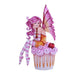 Fairy with pink hair, wings, and striped stockings sitting on a cupcake with rosy icing and a cherry
