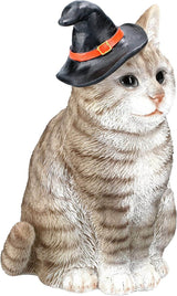 Grey tabby cat wearing a witch hat. Side view showing stripes