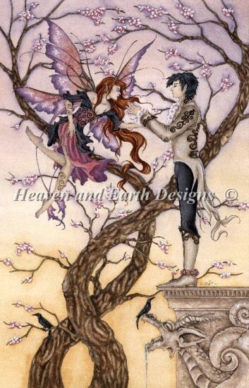 Cross stitch pattern of a fairy and human in love, with cherry blossoms blooming