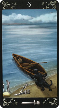 Card example for 6 of swords showing a black cat with swords pushing a boat into the water
