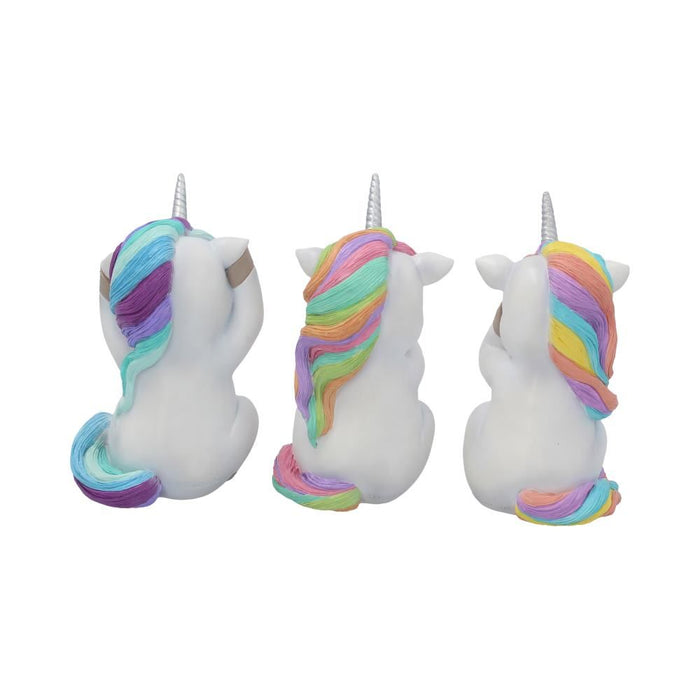 See No Evil, Speak No Evil, Hear No Evil uncicorn trio. Each has different color hair and a symbo - star, heart, and moon. Back view