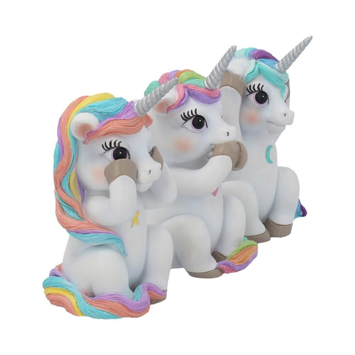 See No Evil, Speak No Evil, Hear No Evil uncicorn trio. Each has different color hair and a symbo - star, heart, and moon.
