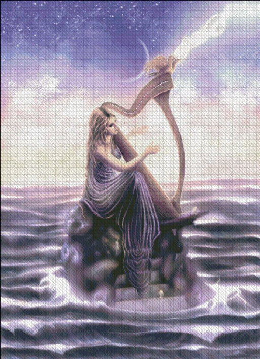 Woman plays a harp to the skies, sitting on a stairway to the sea.  Art by Tiffany Toland Scott.  Cross stitch mockup