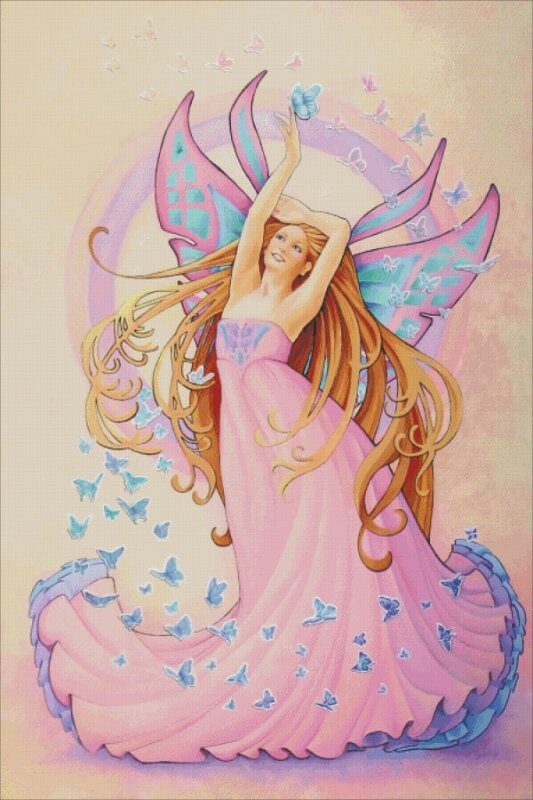 Cross stitch mockup of a fairy in pink with wings in rose and blue, surrounded by butterflies