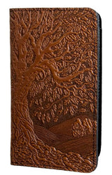 Leather checkbook cover with tree of life design in light saddle brown