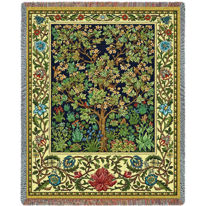 Tree of Life tapestry blanket with elegant flowering tree at the center, and elaborate floral designs forming a border around it
