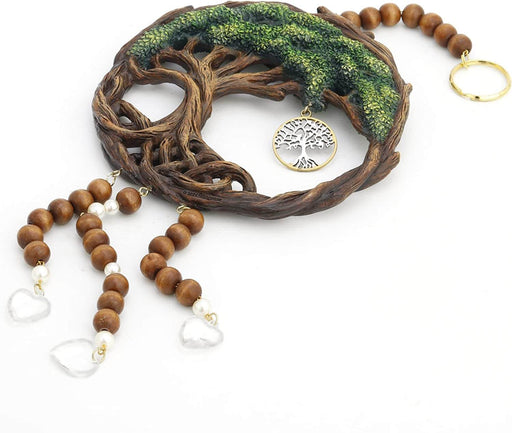 Tree of Life hanging showing the detail of the pendant and leaves and wooden beads