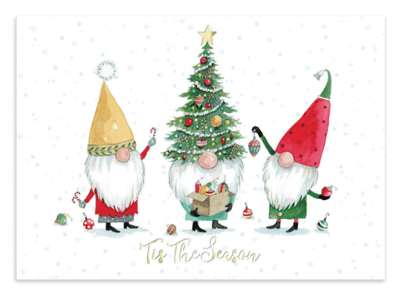 Christmas cards with three gnomes - one in a yellow hat holding candy canes, one with a Christmas tree on his head holding a box of ornaments, and one in a red hat holding more decorations