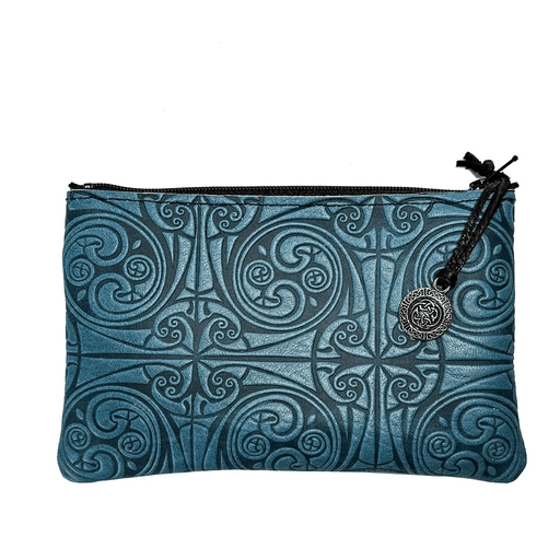 Treskelion leather zipper pouch with Celtic knot design and pewter zipper pull, shown in blue