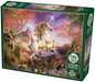 Unicorn jigsaw puzzle, front of box. 1000 pieces. Rearing up white unicorn with glowing horn in front of a floral scene with flowering trees, butterflies, and a castle in the background