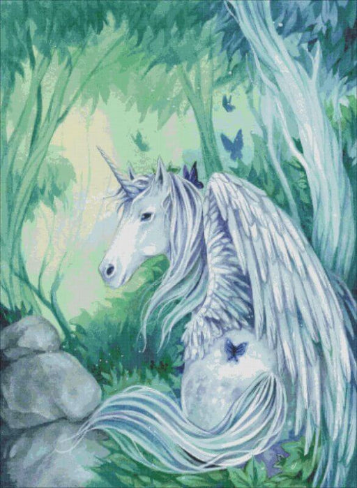 Winged unicorn in a green forest with indigo butterflies. Cross stitch mockup, art by Meredith DillmanWinged unicorn in a green forest with indigo butterflies. Art by Meredith Dillman