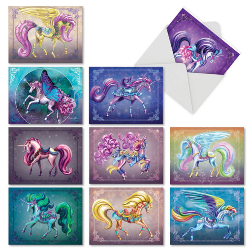 Colorful mini unicorn notecards in a variety of colors by artist Rose Khan