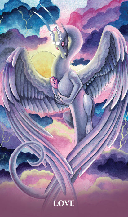 Card by Carla Morrow shows a gray-pink-purple dragon with feathered wings in front of a sunset, holding a pink speckled egg. Text reads "Love"