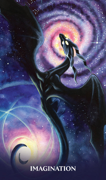 Card by Carla Morrow shows a black dragon flying in front of colorful galaxies in space. Text reads "Imagination"