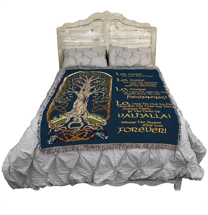 Tapestry blanket with Viking Prayer shown on a bed