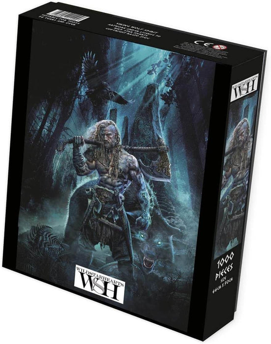 Jigsaw Puzzle showing a viking, wolf and hawk in a dark and mysterious setting. The viking holds a battle axe and his other arm glows blue.