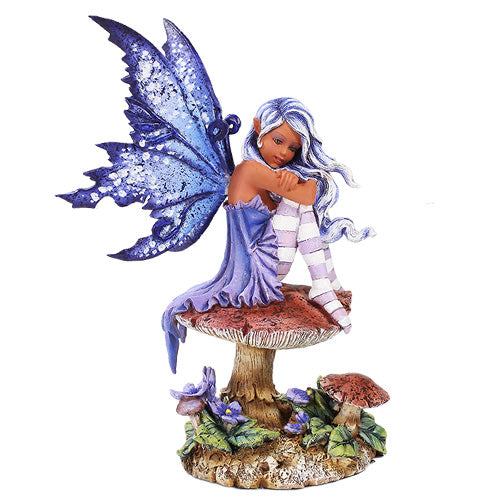 Purple winged fairy with striped stockings sitting on a mushroom