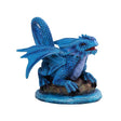 A blue baby dragon sits upon a rock in the water