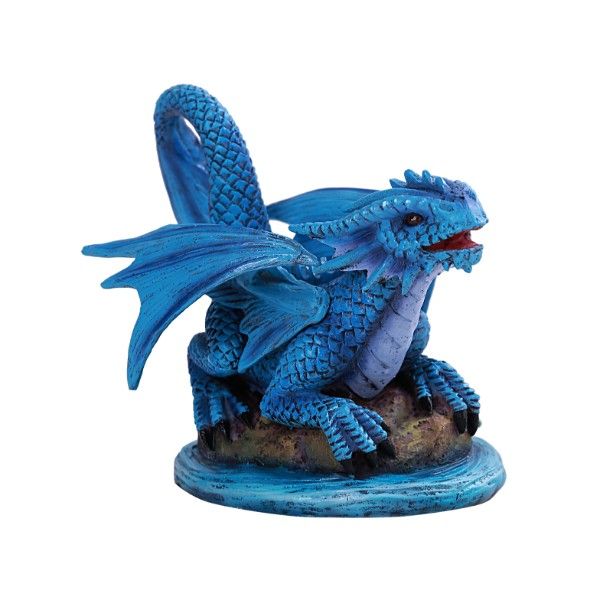 A blue baby dragon sits upon a rock in the water