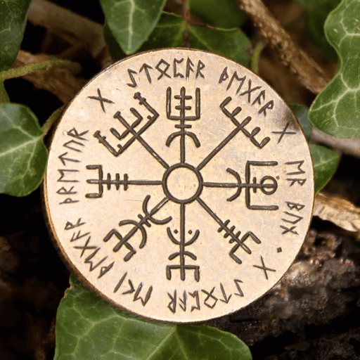 Vegvesir Bronze Norse Compass coin showing runes