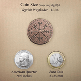 Vegvesir Bronze Norse Compass coin showing runes, Size comparison against a US quarter and 1 Euro coin